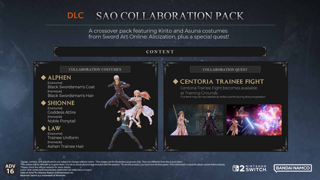 Tales of Arise Beyond the Dawn Edition showing a list of content for the Sword Art Online collaboration.