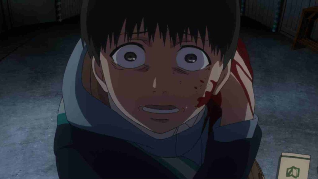 Ken Kaneki bleeding in shock after getting bitten by ghoul Rize in Tokyo Ghoul Episode 1