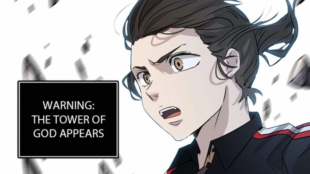 A panel from the Tower of God webtoon showing the protagonist, Twenty-Fifth Beam, with the speech bubble that says "Warning: The Tower of God appears."