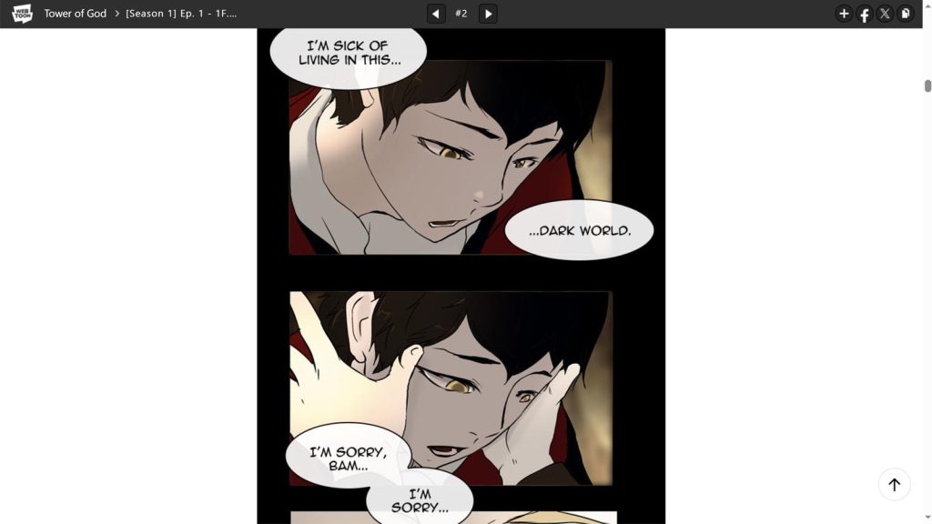 Season 1 episode 1 of the Tower of God webtoon series featuring the main protagonist, Baam, speaking to Rachel.