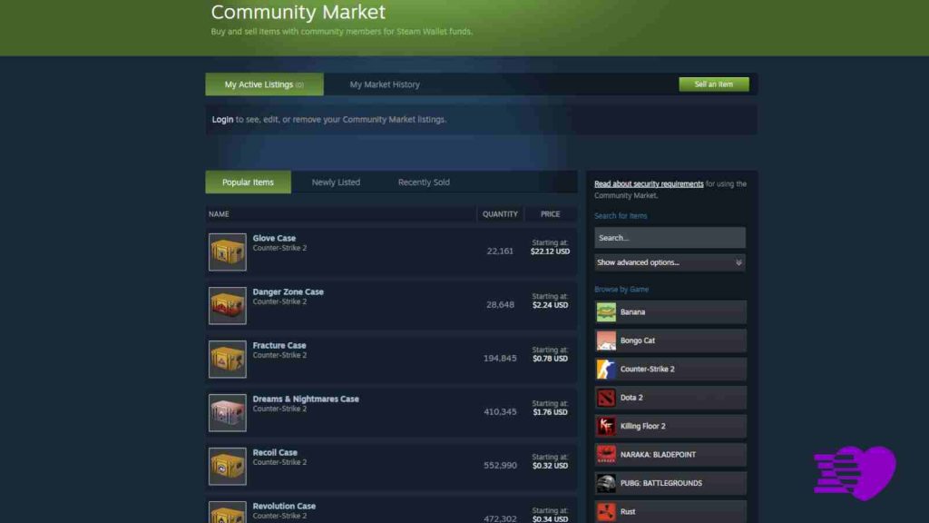 Valve Steam market showing Counter-Strike 2 loot boxes and their prices in USD
