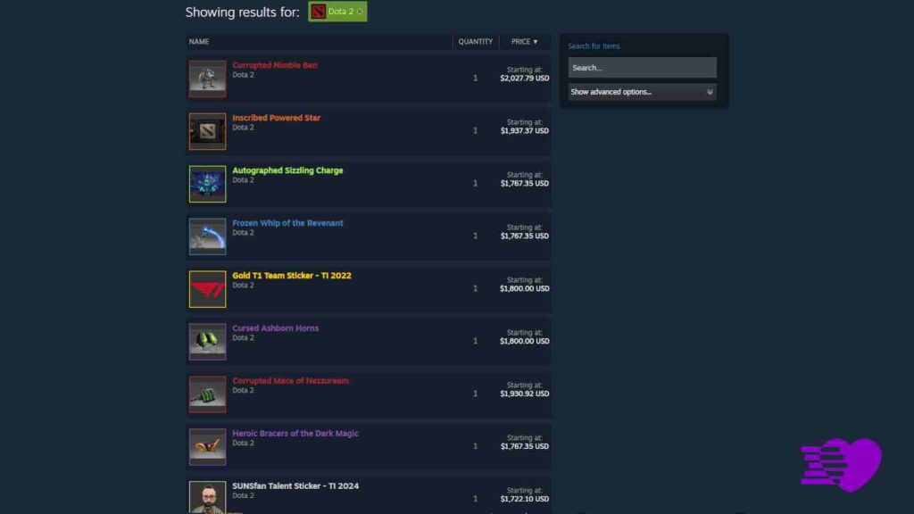 Valve Steam market showing the most expensive Dota 2 items and their prices in USD
