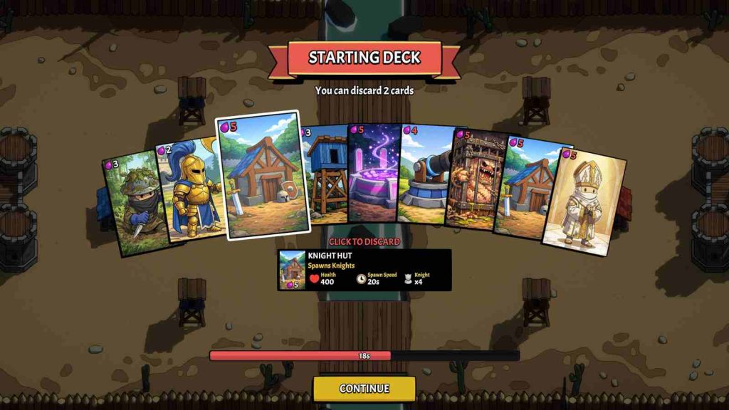 Warena RTS gameplay showing starting deck interface and choice options