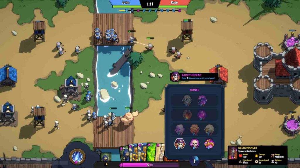 Warena RTS gameplay showing battlefield, cards, and runes interface in official screenshot