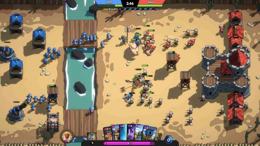 Warena RTS gameplay showing late game battlefield with castle and river