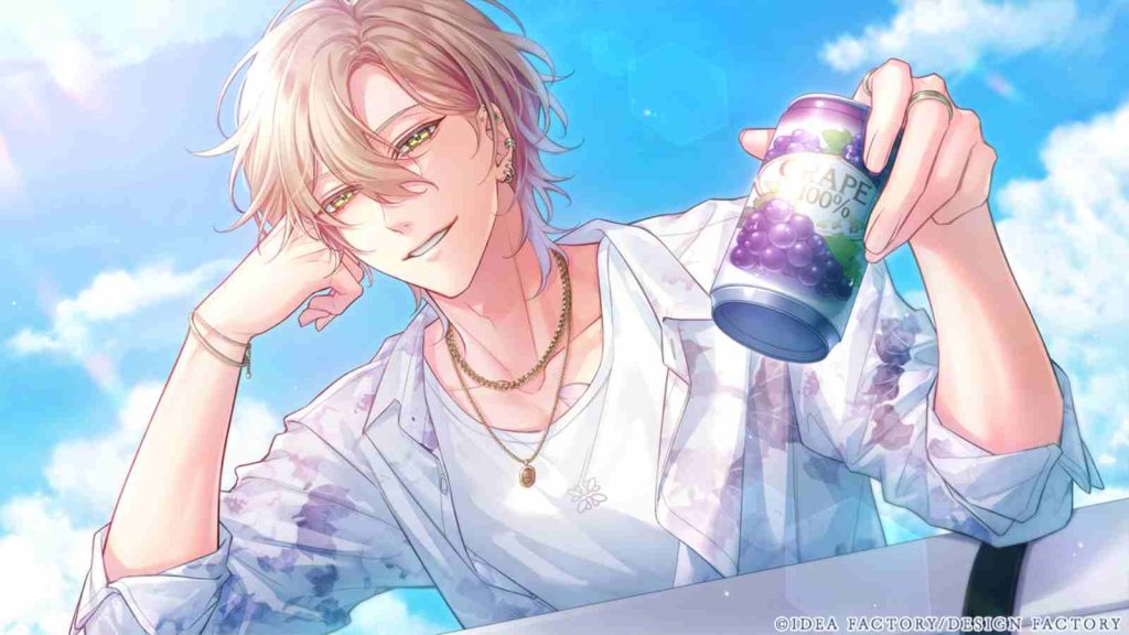 Official concept art of Kyoya Kusakabe holding a "Grape 100%" drink can in his hand in Bewitched by You, Drowning in You game