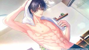 Official concept art of Ritsu Tsuyuki shirtless and drying his wet hair with a towel with one hand in Bewitched by You, Drowning in You game