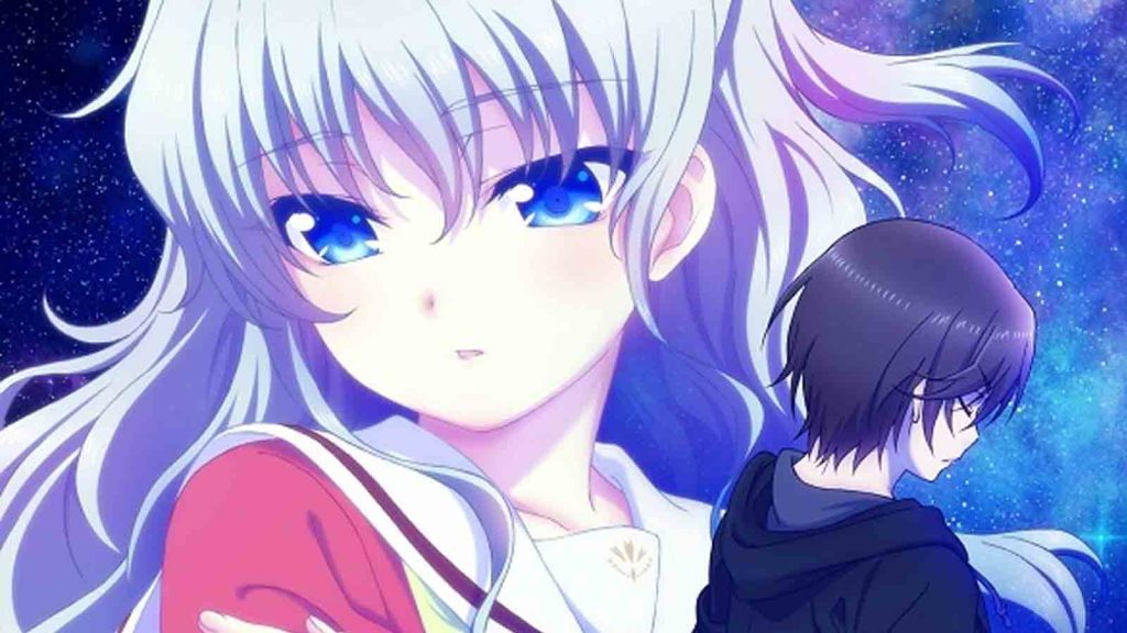 The cover for Charlotte's opening and ending songs showing a close-up of Nao Tomori and the back of Yuu Otosaka in a background of starry skies.