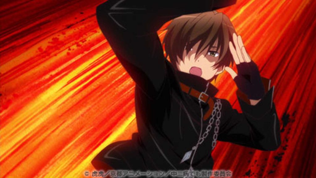 Yuuta Togashi as Dark Flame Master in Chuunibyou Demo Koi Ga Shitai, posing with both of his arms.
