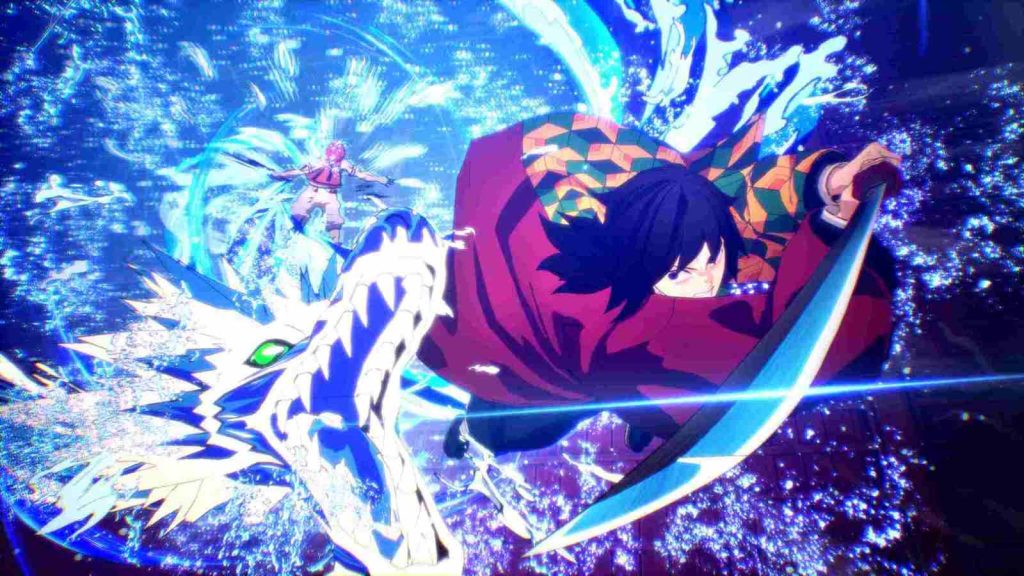 Giyu Tomioka striking past Akaza in Demon Slayer -Kimetsu no Yaiba- The Hinokami Chronicles 2 official screenshot