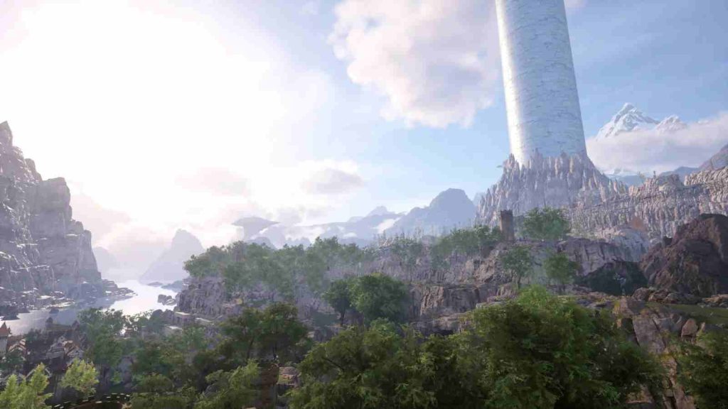 Echoes of Aincrad official concept art showing rocky, vegetated landscape next to river and a tall tower