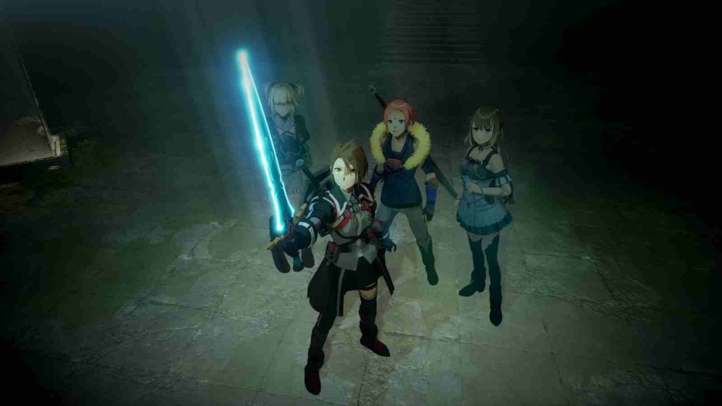 Echoes of Aincrad party of four with male party leader holding a glowing sword in official screenshot