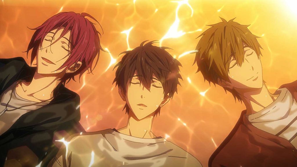 Free anime characters Rin Matsuoka, Haruka Nanase, and Makoto Tachibana with their eyes closed while lying on a bed of water.