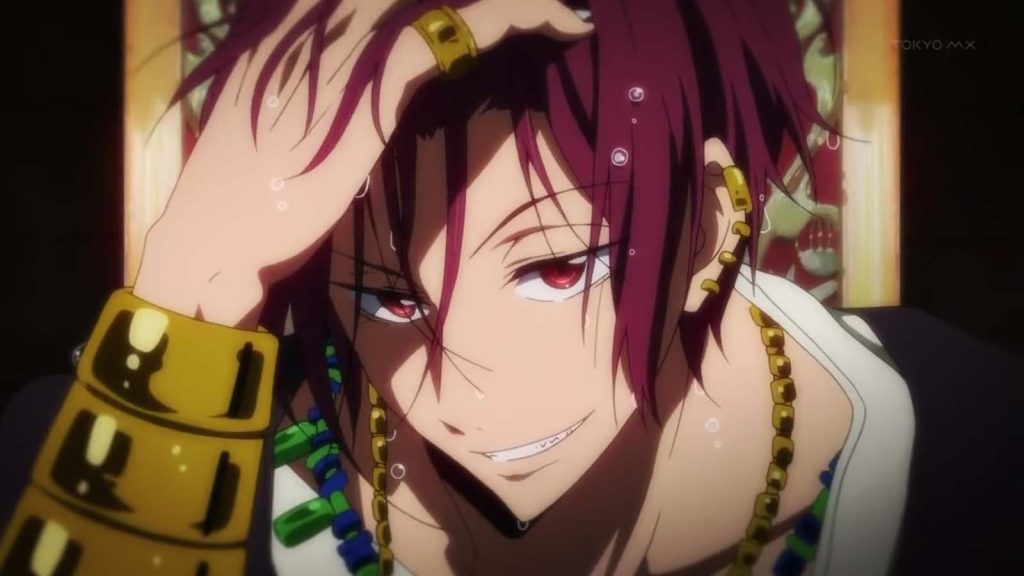 Rin Matsuoka in the Splash Free music video. The screenshot shows Rin smiling with water droplets on his red hair.