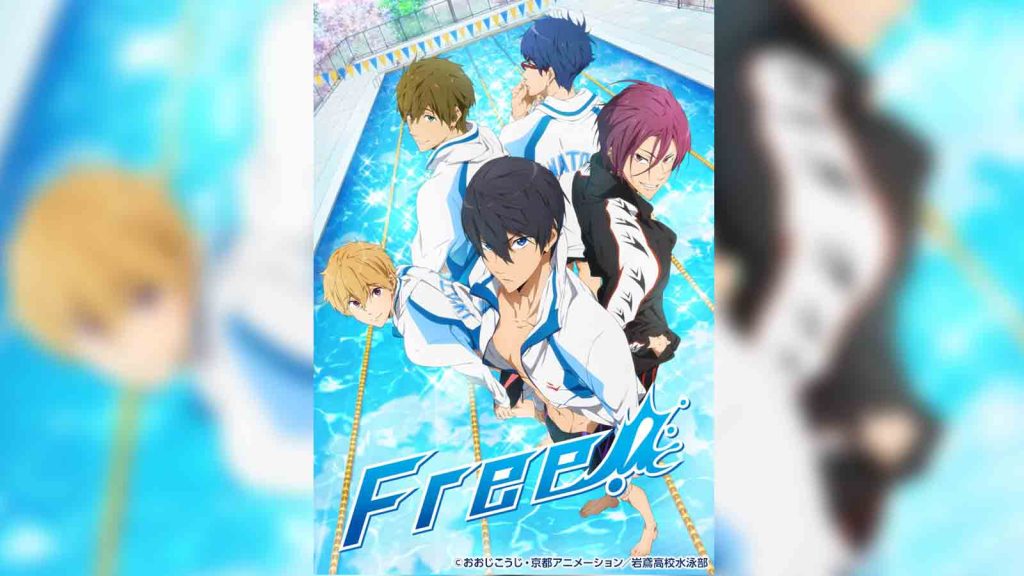 The key visual for Free! - Iwatobi Swim Club, the first season of the anime series. It shows the five main characters Haruka Nanase, Rin Matsuoka, Nagisa Hazuki, Rei Ryugazaki, and Makoto Tachibana together standing.