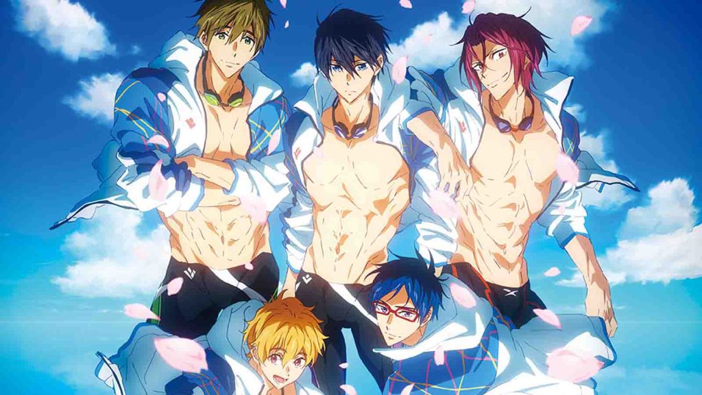 The cover for the Style Five album from the Free anime series. It shows the five main characters Haruka Nanase, Rin Matsuoka, Nagisa Hazuki, Rei Ryugazaki, and Makoto Tachibana together in a backdrop of clear skies with cherry blossom petals floating around.