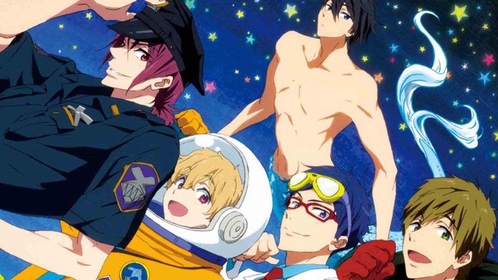 The cover for Style Five's single Future Fish showing Free anime characters in different costumes. Rin Matsuoka is dressed as a police man, Nagisa Hazuki is dressed as an astronaut, Rei Ryugazaki is dressed as a doctor, Makoto Tachibana is dressed as a fireman, and Haruka Nanase is dressed as a mermaid.