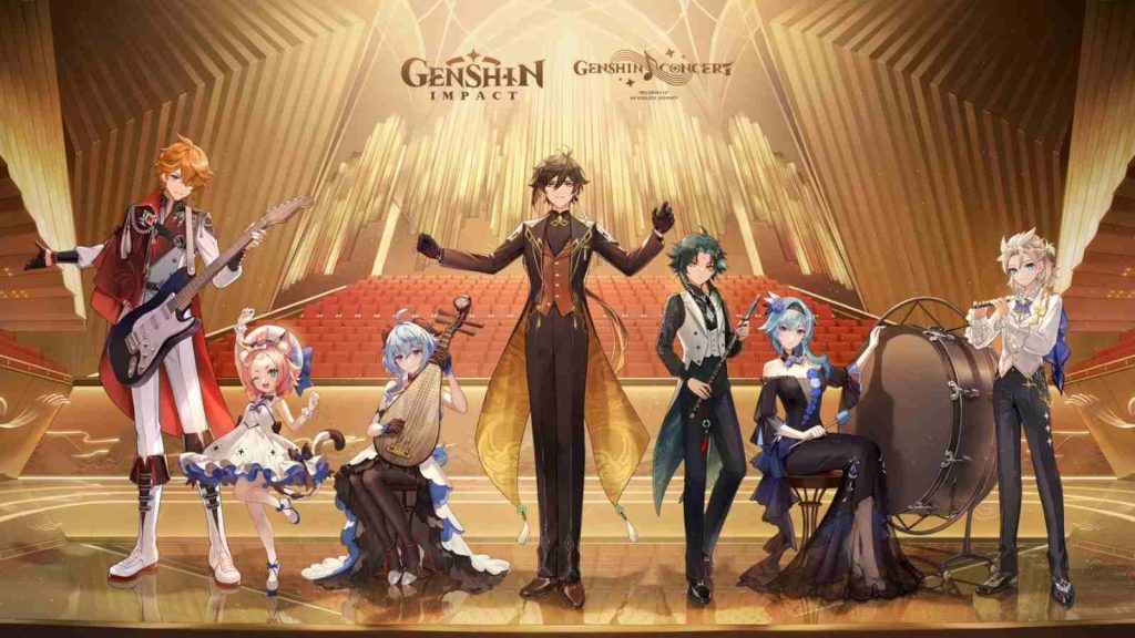 Genshin Concert 2023 key visual feaaturing Childe, Diona, Ganyu, Zhongli, Zhao, Elua, and Albedo