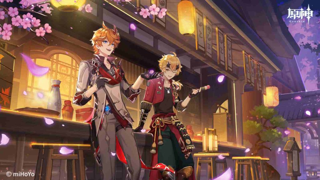 Genshin Impact version 2.2 official art featuring Childe and Thoma having dango in Inazuma at night