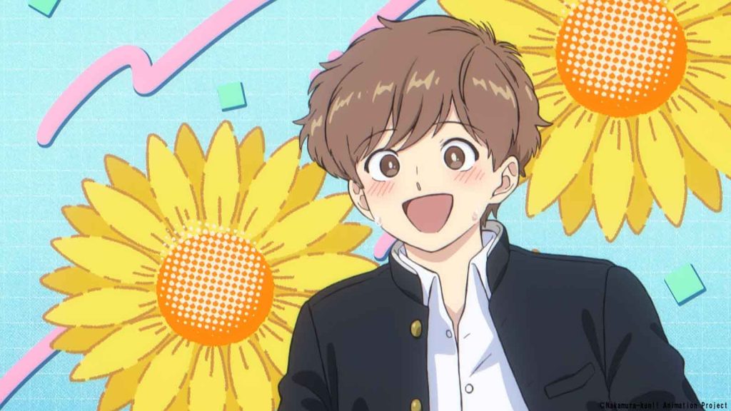 Aiki Hirose smiling with sunflowers in his background in the Go For It, Nakamura-kun!! anime adaptation.