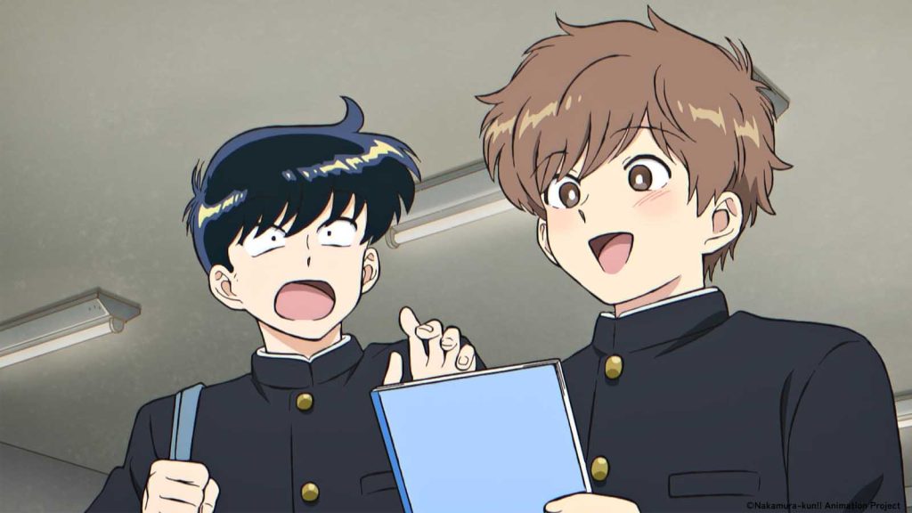 Aiki Hirose holding a blue notebook with a flustered Okuto Nakamura behind him in Go For It Nakamura-kun!!! anime episode 1.