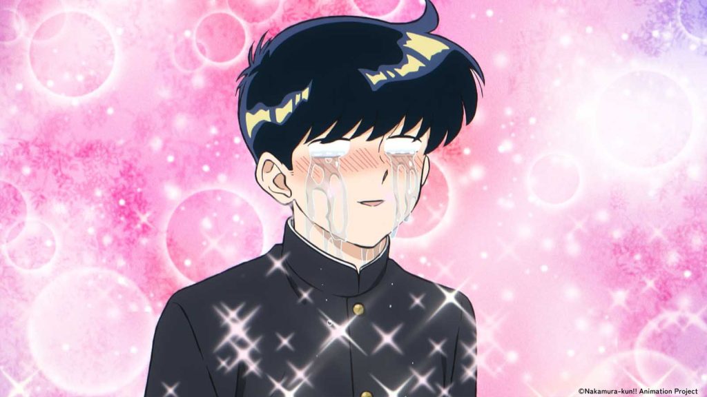 Okuto Nakamura crying while his background in pink sparkles in Go For It Nakamura-kun!!! anime.