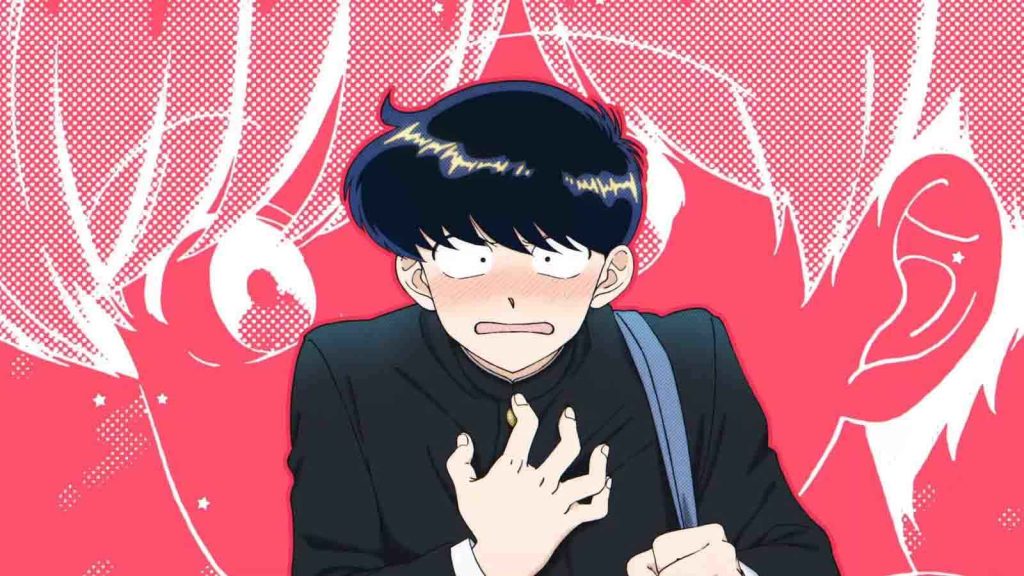 Okuto Nakamura clutching his chest with a flustered look on his face in Go For It, Nakamura-kun!!. On the background is a close-up of Aiki Hirose in a screentone pattern with a red and white color pattern.