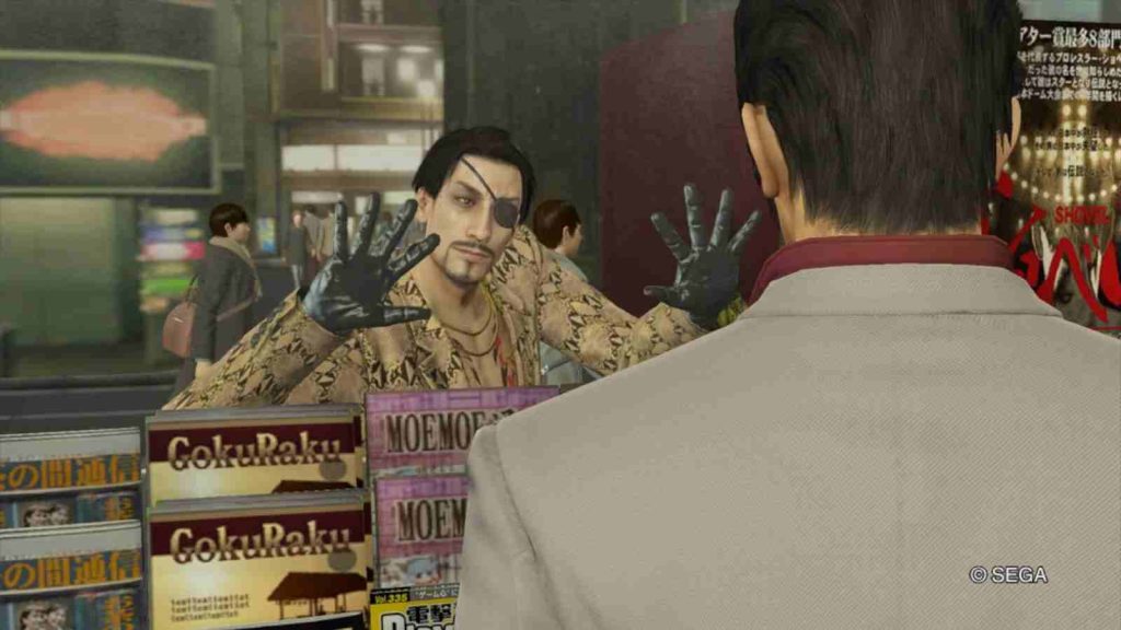 Majima outside M Store in Majima Everywhere, an added feature available in Yakuza Kiwami, wherein Goro Majima attacks Kazuma Kiryu in a large variety of ways