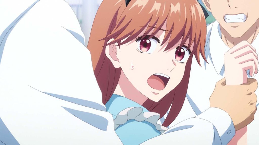 A scene from Hana Kimi episode 12 showing Ashiya Mizuki in a blue dress with a worried look on her face as she gets held by other students.