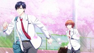 Hana Kimi anime characters Izumi Sano and Mizuki Ashiya in their school uniforms walking among trees of cherry blossoms.