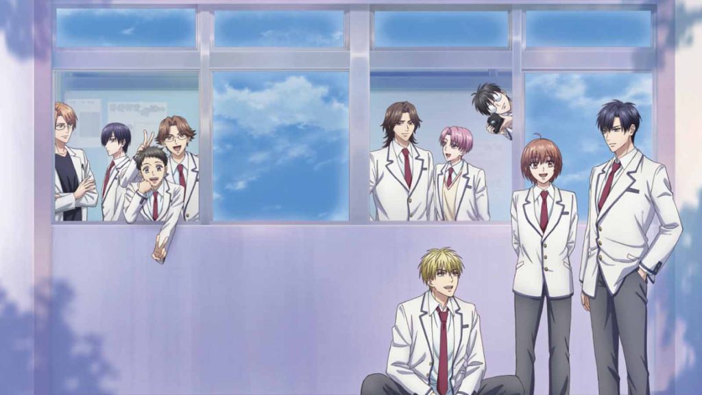Hana Kimi anime characters hanging out around school grounds. The image shows main characters Mizuki Ashiya, Izumi Sano, Nakatsu Shuichi, Minami Nanba, Hokuto Umeda, alongside minor characters.