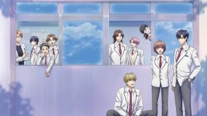 Hana Kimi anime characters hanging out around school grounds. The image shows main characters Mizuki Ashiya, Izumi Sano, Nakatsu Shuichi, Minami Nanba, Hokuto Umeda, alongside minor characters.