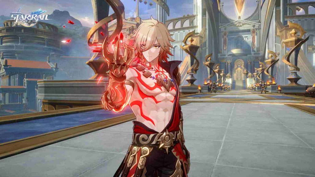 Mydei standing in Amphoreus with his left hand gesturing upwards in official screenshot