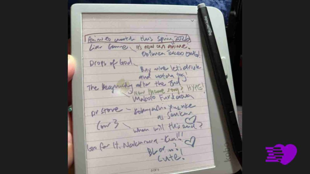 Writing notes on the Kobo Libra Color on anime to watch this Spring 2026