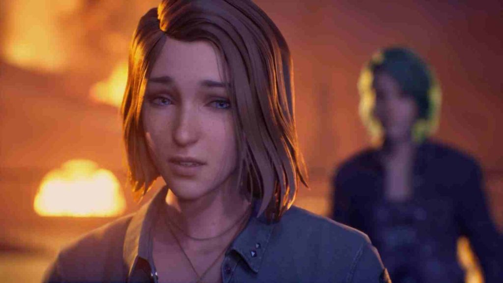 Max Caulfield looking doubtful while Chloe Price stands behind her in the backdrop of a burning school in Life is Strange Reunion