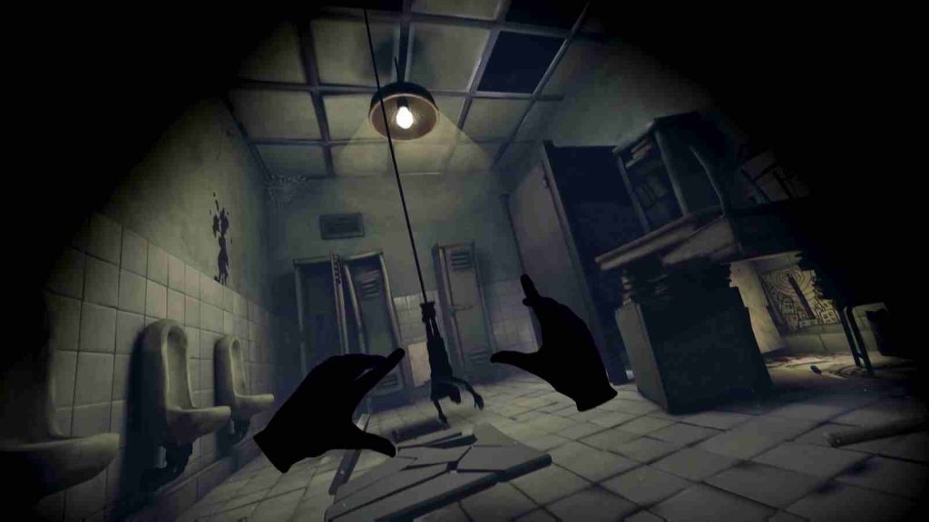 School boys toilet with urinals, lockers, and rope hanging from the ceiling in Little Nightmares VR: Altered Echoes official screenshot