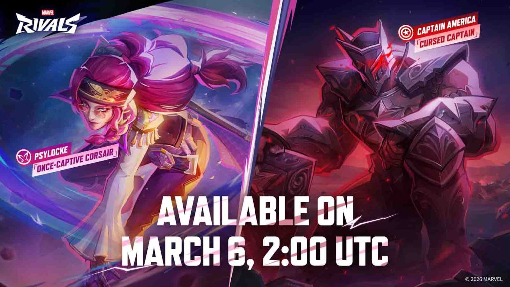 Marvel Rivals costumes showing Psylocke: Once Captive Corsair and Captain America; Cursed Captain side by side.