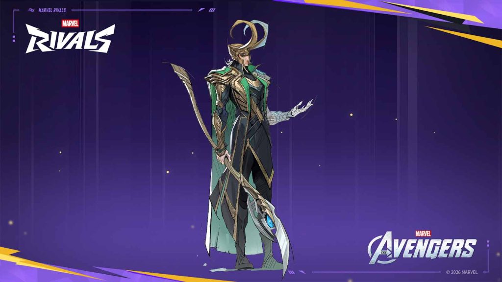 A new Loki costume tied to Marvel Rivals' 1v6 game mode. It shows Loki standing while holding a staff.