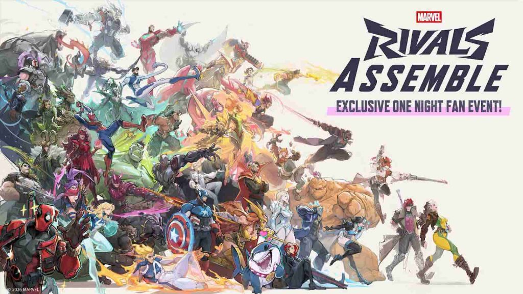 The poster for Rivals Assemble, a fan event showing different heroes from Marvel Rivals, from Deadpool, Captain America, Iron Man, and more.