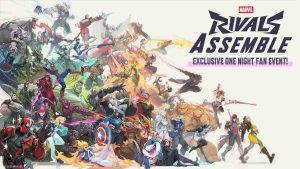 The poster for Rivals Assemble, a fan event showing different heroes from Marvel Rivals, from Deadpool, Captain America, Iron Man, and more.