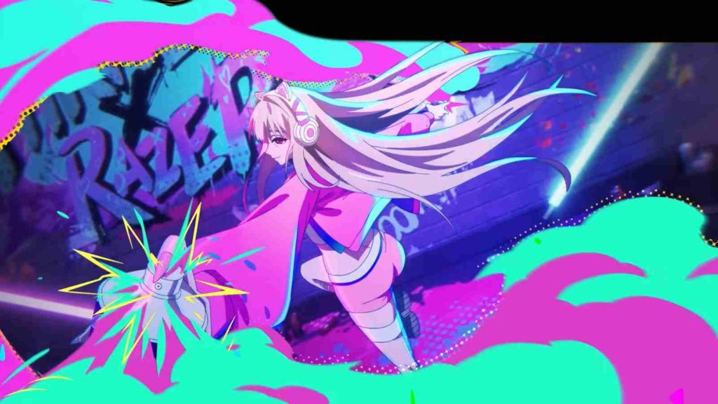 Screenshot from Nikke x Razer Heartbeat Temptation official trailer featuring Viper wearing Razer headphones and spray painting 