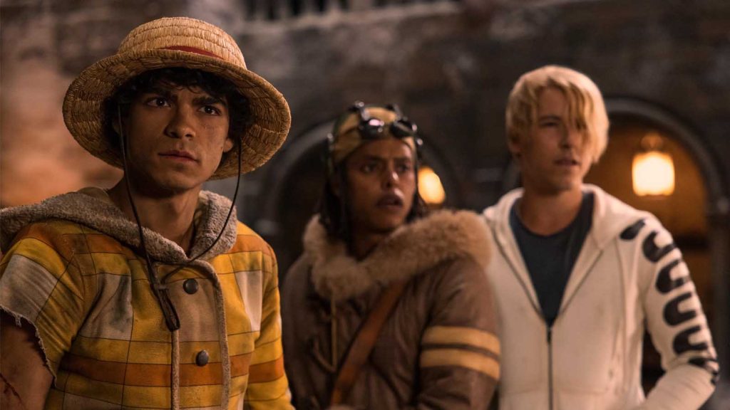 Inaki Godoy as Monkey D. Luffy, Jacob Romero as Usopp, and Taz Skylar as Sanji in One Piece live action season 2's Drum Island Arc.