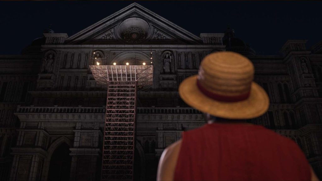 Monkey D. Luffy actor Inaki Godoy staring at Gol D. Roger's execution platform in Loguetown in One Piece live action.