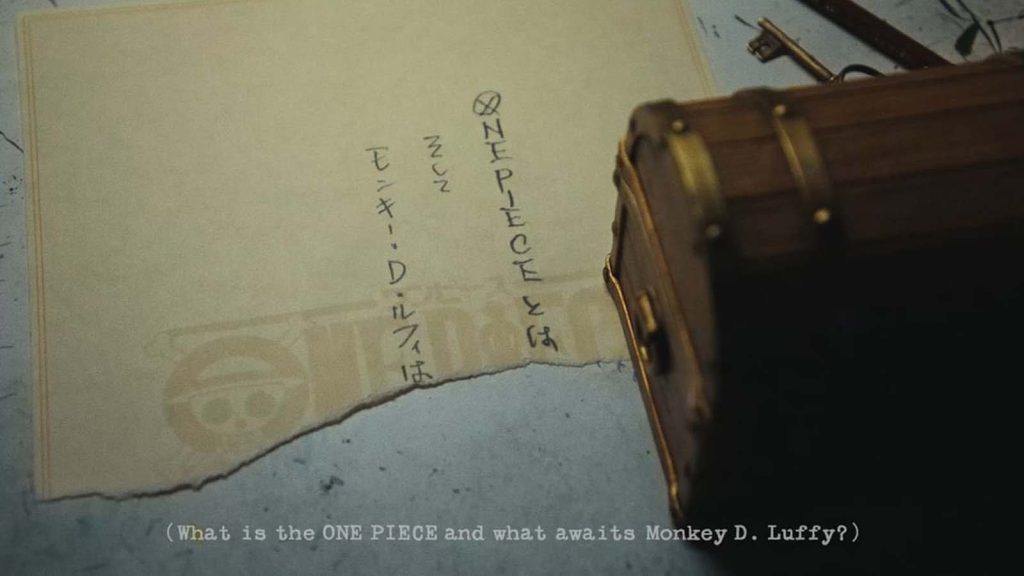 A note about the One Piece in Japanese beside a small treasure box.