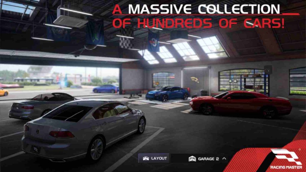 Racing Master official image showing a massive collection of cars available to players