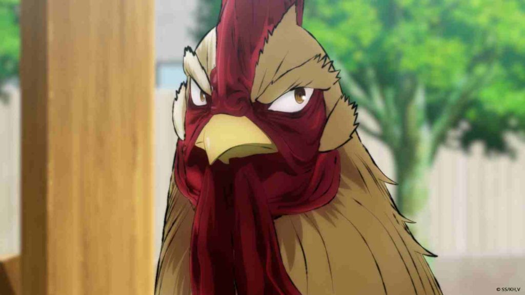 Close up of rooster face and head in official Rooster Fighter anime still