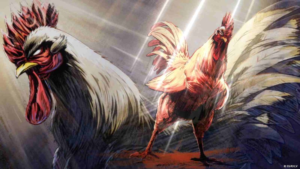 Serious rooster flapping its wings in official Rooster Fighter anime still