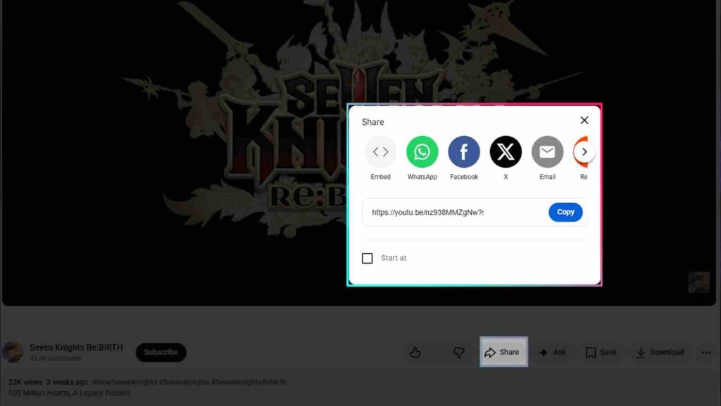 How to share Seven Knights x Solo Leveling promo video YouTube link