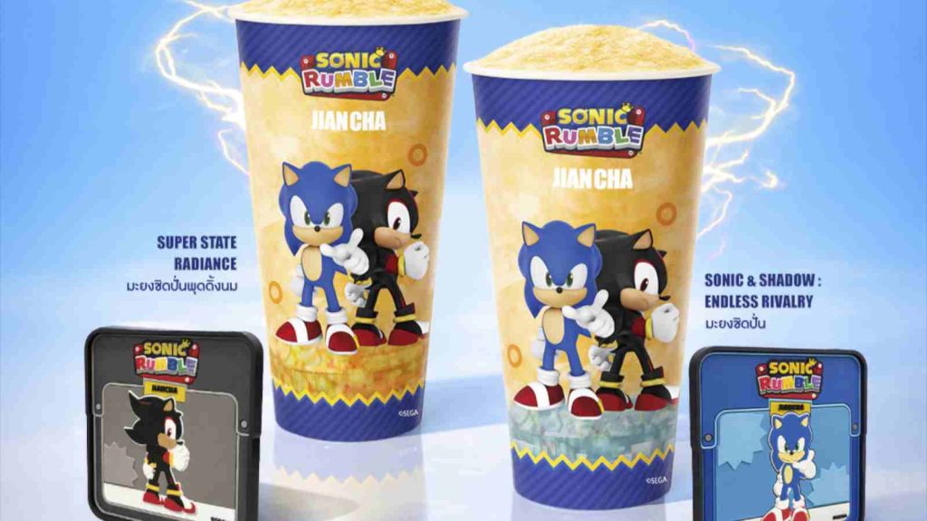 Sonic x Jian Cha and Grab collaboration drinks and two coaster designs