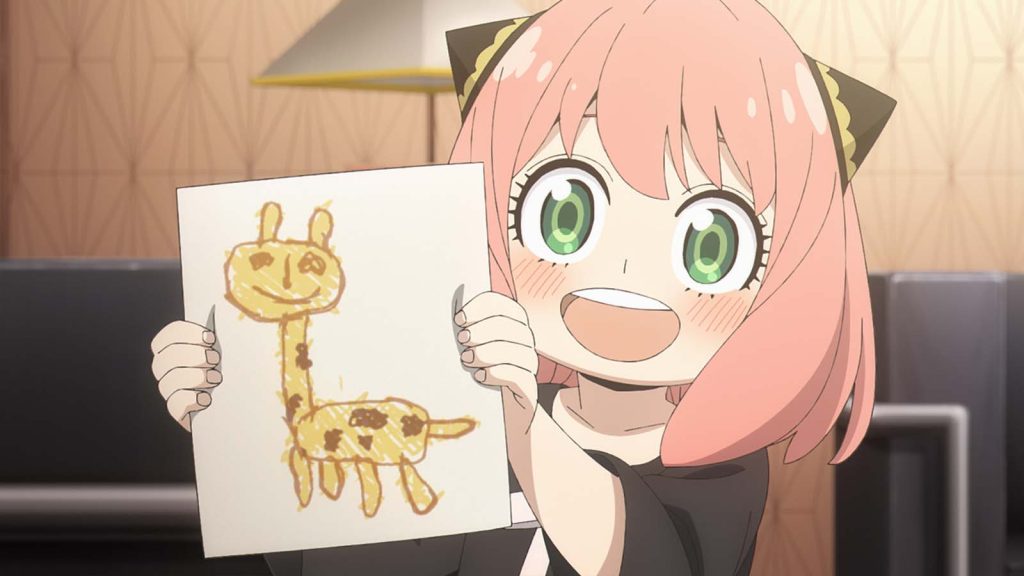 Spy x Family's Anya Forger showing an illustration of a giraffe.